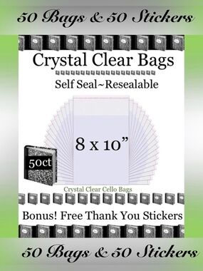 8x10”~50ct Clear Self Seal Poly Bags 📚🆕📚W/Free 50ct Thank You Stickers